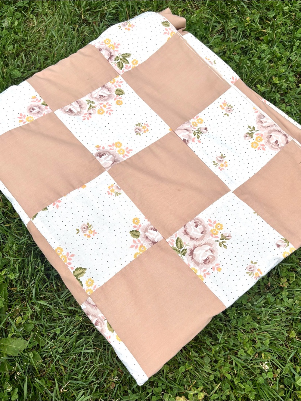 Blush Patchwork Floral Quilt - Soft Peach and White
